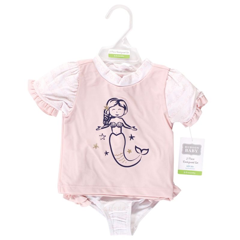 Hudson Baby Infant and Toddler Girl Swim Rashguard Set, Pink Mermaid, 3 of 6