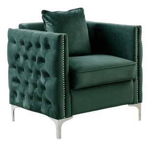 Velvet Chair with Nailhead Trim, Button Tufted and Throw Pillow for Living Room - 1 of 4