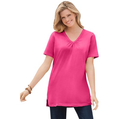 Woman Within Plus Size Perfect Short-Sleeve Shirred V-Neck Tunic