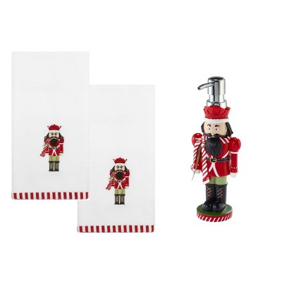 Avanti Linens Peppermint Nutcracker Lotion Dispenser & 2-Pack Fingertip Towel Set