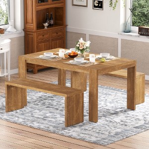 CAVINAS Dining Table Set for 4 Farmhouse Rectangular 3-piece Dining Set with 2 Wood Benches for Kitchen - 1 of 4