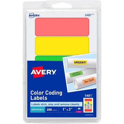 Avery Removable Labels Rectangle 1"x3" Fluorescent Asst. 05481