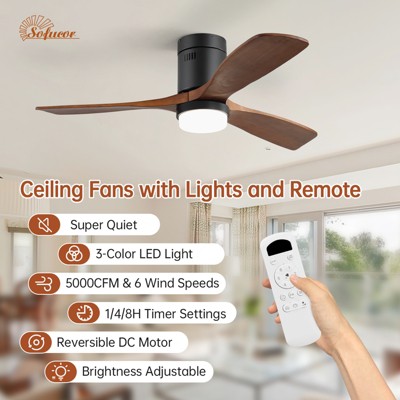 52 Inch Flush Mount Ceiling Fan with Remote Control, Wood Blades Modern Outdoor Ceiling Fans for Bedroom/Farmhouse/Patio/Indoor Quiet DC Motor