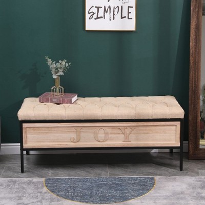 48 Inch Storage Bench Bedside Linen Upholstered Storage Bench with Button Tufted Wooden JOY Ottoman for Bedroom and Living Room