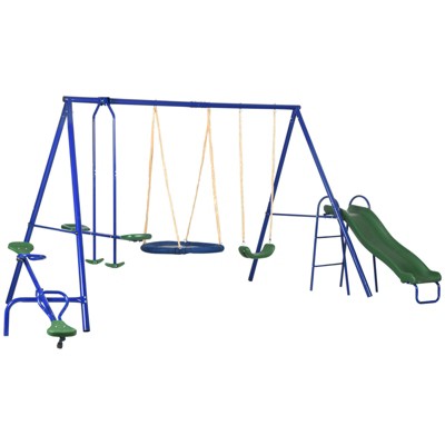 DSVIMOY 5-in-1 Outdoor Playset for Kids, with Saucer Swing, Slide, Seesaw, Glider, Swing Seat, Blue, 157.5"*113"*71.75"
