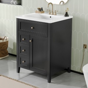 24" Bathroom Vanity with Sink, 3 Drawers and Adjustable Shelf Cabinet, Freestanding MDF and Rubberwood Cabinet,Storage Vanity - 1 of 4