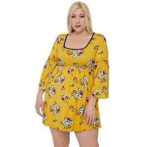 Slickblue Vibrant Yellow Floral Baby Doll Dress – Ruffled Waist, Relaxed Fit, Perfect for Casual Outings, 1XL-3XL - 1 of 3