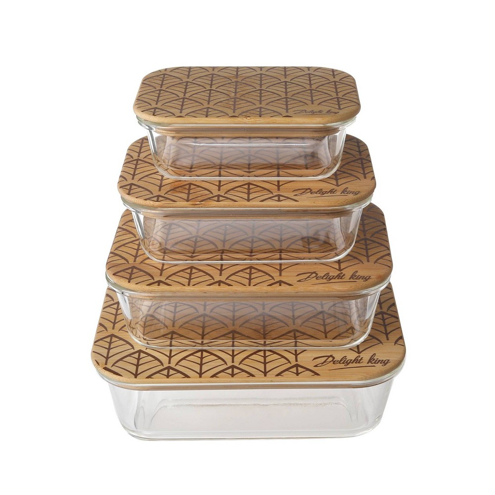 Delight King 8pc High Borosilicate Glass Food Storage Containers with Painted Leaf Bamboo Lids