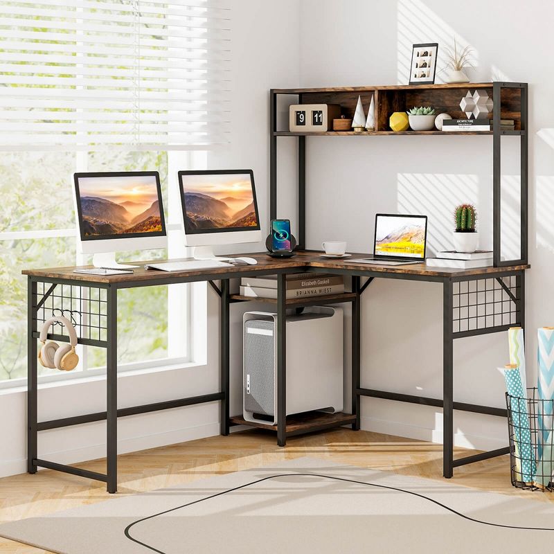 Costway L-shaped Desk with Power Outlet Large Corner Desk Converts to 2-Person Long Desk Rustic Brown/Black, 2 of 11