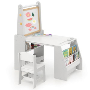 Costway Kids Art Table and Chair Set with  Easel & Chair Whiteboard & Chalkboard Paper Roll - 1 of 4