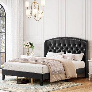 King Velvet Upholstered Platform Bed Frame with Wingback Tufted Headboard & Wood Slat Support, No Box Spring Needed - 1 of 4