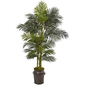 Nearly Natural 7-ft Golden Cane Artificial Palm Tree in Decorative Planter