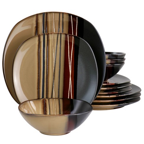 Hometrends 12 Piece Soft Square Stoneware Dinnerware Set In Brown Target