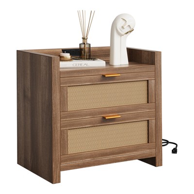 2 Rattan Storage Drawers,Nightstand with Charging Station,Bed Side Table  Wooden Night Stand Set of 2,