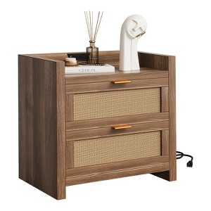 2 Rattan Storage Drawers,Nightstand with Charging Station,Bed Side Table  Wooden Night Stand Set of 2, - 1 of 4