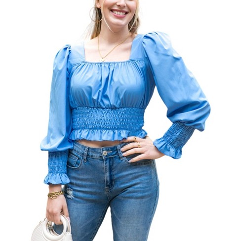 Anna-Kaci Women's V-Neck Lace Sleeve Blouse with Crochet Trim and Smocked Cuffs