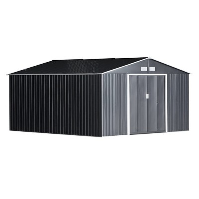 Outsunny 13' x 11' Metal Storage Shed Garden Tool House with Double Sliding Doors, 4 Air Vents for Backyard, Patio, Lawn Dark Grey