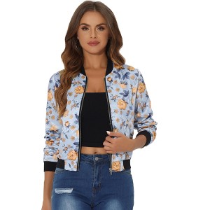 INSPIRE CHIC Women's Stand Collar Floral Prints Zip Up Lightweight Short Jacket - 1 of 4