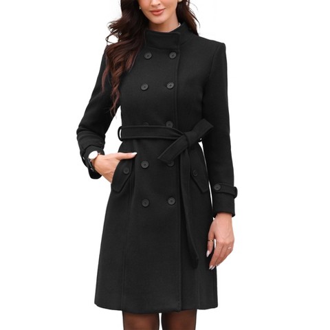 INSPIRE CHIC Women's Double Breasted Elegant Long Sleeve Winter Trench Pea Coat with Pockets Black X-Large