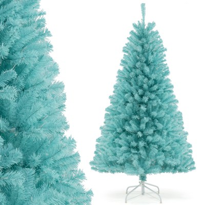 Tangkula 7/6 FT Artificial Christmas Tree Pre-lit Hinged Xmas Tree w/ 1040/758 Blue Branch Tips 380/280 Warm White LED Lights