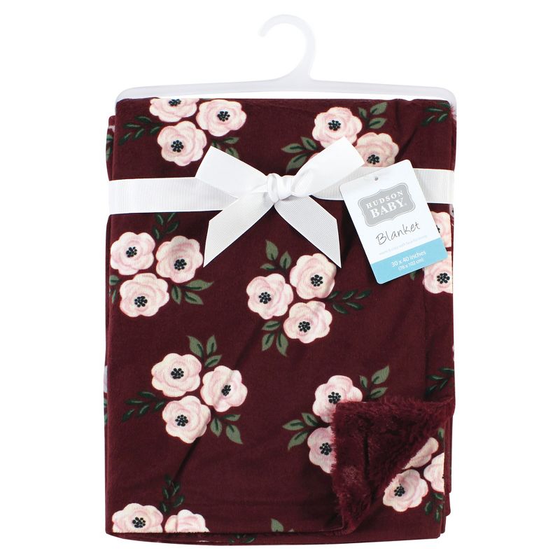 Hudson Baby Infant Girl Plush Blanket with Furry Binding and Back, Burgundy Floral, One Size, 2 of 3