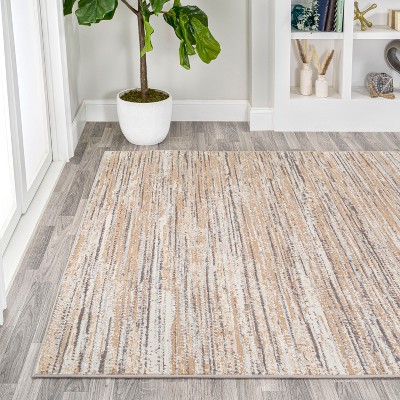 Beige and Gray Striped Synthetic Reversible Area Rug