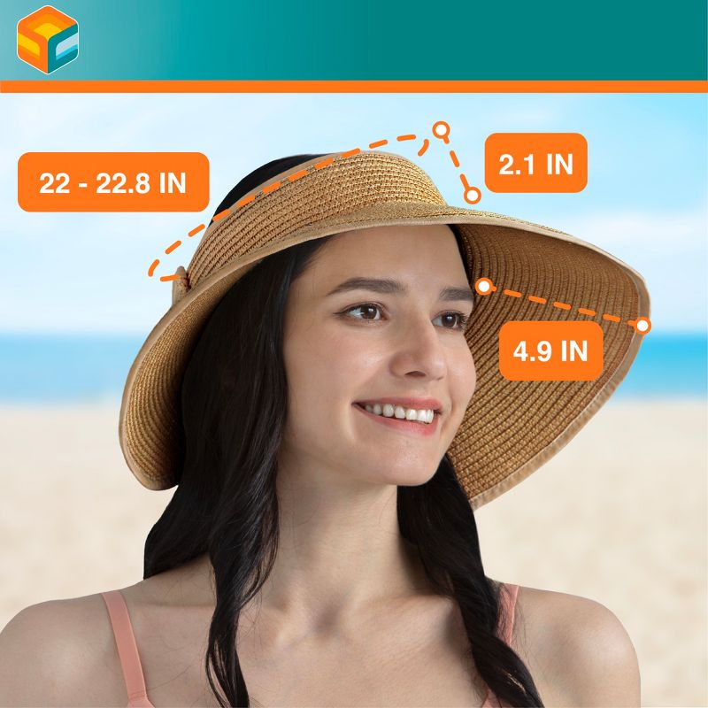 SUN CUBE Womens Sun Visor Hat, Beach Straw Roll Up Ponytail Hat, Wide Brim Sun Hat for Summer UV Protection Foldable, 5 of 8
