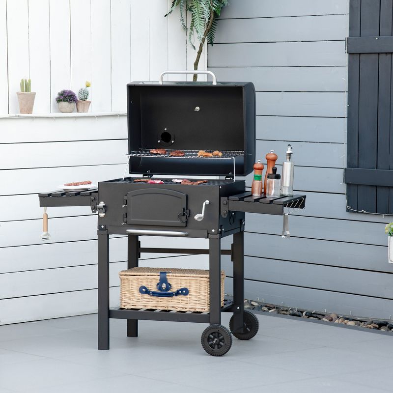 Outsunny Charcoal Grill, BBQ with Adjustable Charcoal Height, Portable Barbecue with Folding Shelves, Thermometer, Bottle Opener, and Wheels, Black, 2 of 7