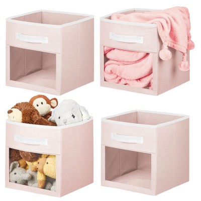 Image of mDesign Fabric Nursery Storage Cube, Front Window/Handle, 4 Pack - Lt Pink/White