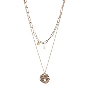 Slickblue Women's Fashion Necklace, Double Gold Chain with Pearl & Coin Pendants, Paperclip and Twisted Style, 15"-21" - 1 of 4