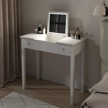 Chic White Vanity Table with LED Lights, Flip-Top Mirror and 2 Drawers, Jewelry Storage for Women Dressing