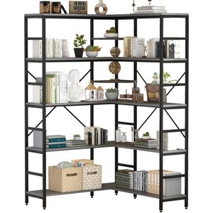 5 Tier Corner Bookcase, Industrial L-Shaped Wooden Bookcase, Large Storage Display Shelf with Metal Frame, Home Office, Living Room, Kitchen - 1 of 4
