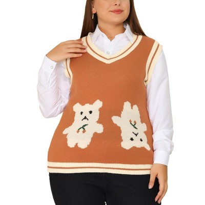 Agnes Orinda Women's Plus Size V Neck Bear Knit Sleeveless Pullover Sweaters Vest Orange 2X