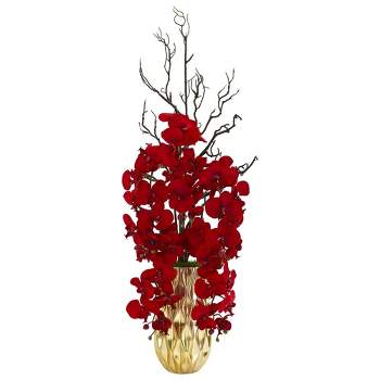 Nearly Natural 36-in Red Phalaenopsis Orchid Artificial Arrangement in Gold Vase