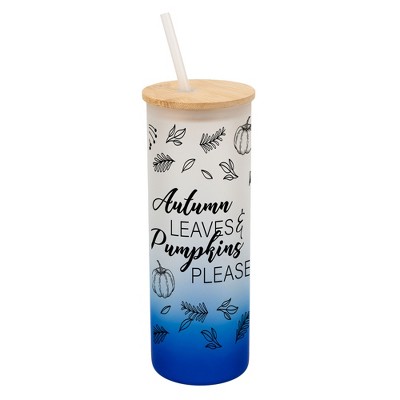 Elanze Designs Autumn Leaves & Pumpkins Please Harvest Wrap-Around Design 25 Ounce Frosted Gradient Glass On-The-Go Coffee Travel Skinny Tumbler Mug