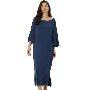 cheibear Women's Soft Three Quarter Sleeve Solid Slit Hem Pajama Dress - 1 of 4