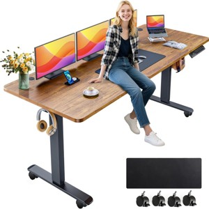 HOMDOX Elec-Standing Computer Desk Adjustable Height 63" × 24" Desk with outlet Rolling Wheels Dual-Beam Frame Mouse Pad Spliced Desktop Multifutnl - 1 of 4