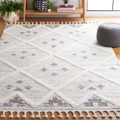 Ivory and Beige Diamond Shag Synthetic Area Rug with Braided Fringe