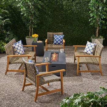 Augusta 6pc Wood & Wicker Chat Set with Fire Pit - Natural/Gray/Dark Gray - Christopher Knight Home