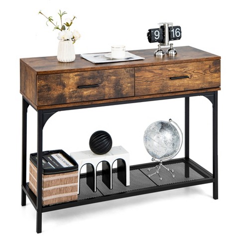 Costway Entryway Table with Charging Station Narrow Console Table with 2  Drawers Brown