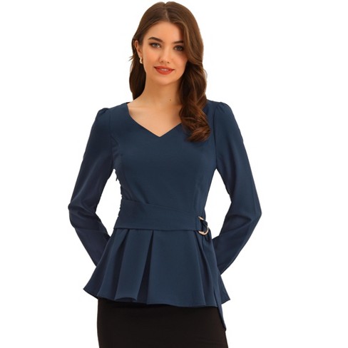 Allegra K Women's Long Sleeve V Neck Irregular Hem Belted Peplum Blouses  Navy Blue Small : Target