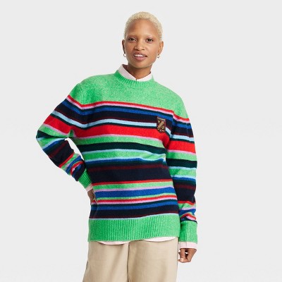 Houston White Adult Crewneck Pullover Sweater - Green Striped