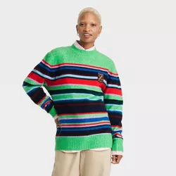 Houston White Adult Crewneck Pullover Sweater - Green Striped