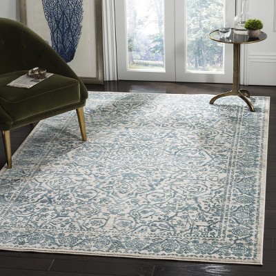 Blue and Beige Floral Motif High Pile Area Rug