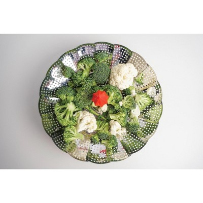 12-Inch Stainless Steel Vegetable Steamer with Red Silicone Feet and Handle