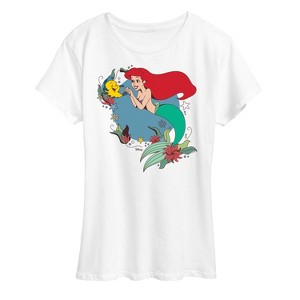 Women's - Disney Princess - Ariel And Flounder With Flowers Short Sleeve Graphic T-Shirt - 1 of 4