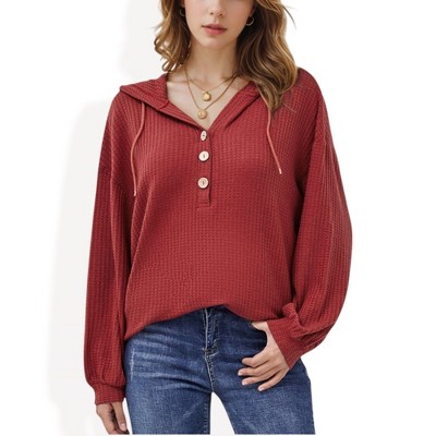Anna-Kaci Women's Waffle Knit Pullover Hoodie with Button Detail