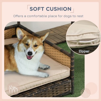Khaki Elevated Wicker Dog House with Removable Cushion