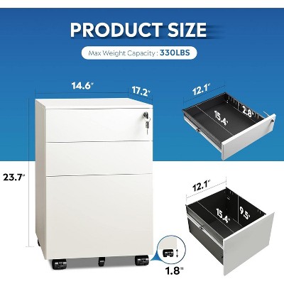 White Steel 3-Drawer Lockable Mobile File Cabinet