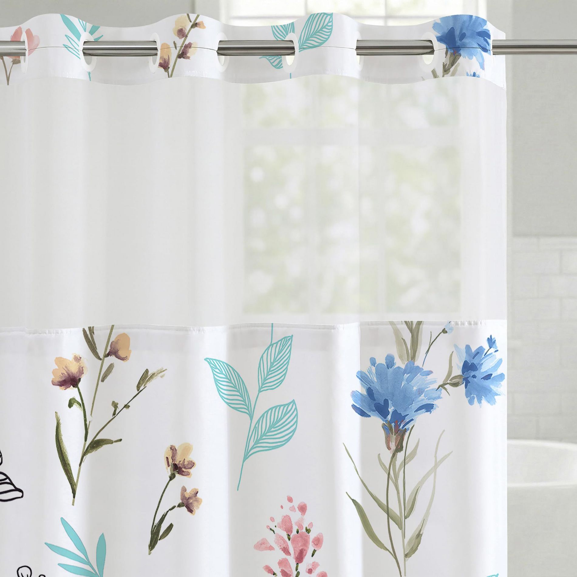 Americanflat 72x75 Hookless Shower Curtain - Water-Resistant Floral Shower Curtain with Sheer Panel, Snap-In Liner, and Grommets - 100% Polyester